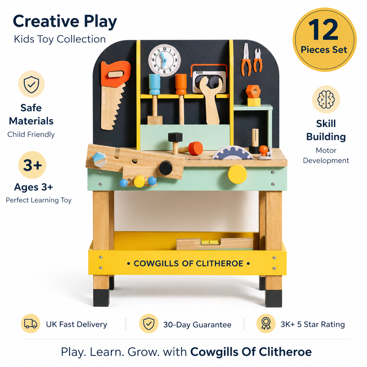 Wooden Kids Workbench Toy Set – 12 Piece Tool Bench